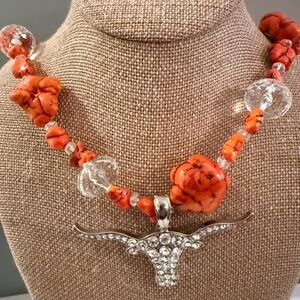 Cowgirl Orange Turquoise Statement Necklace with Longhorn Rhinestone Pendant